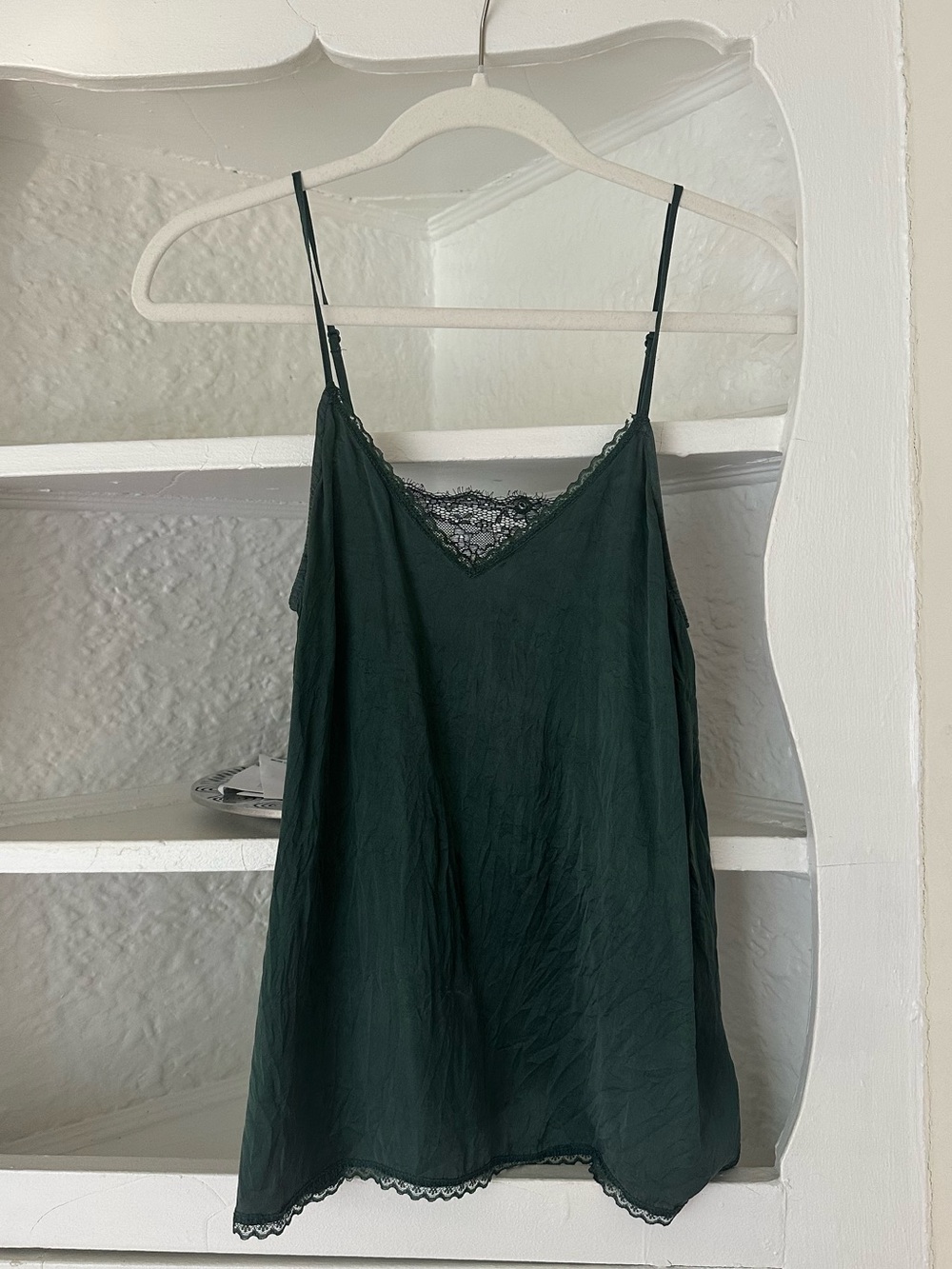 Women's Dark Green Lace-Trim Silk Cami Tank Top